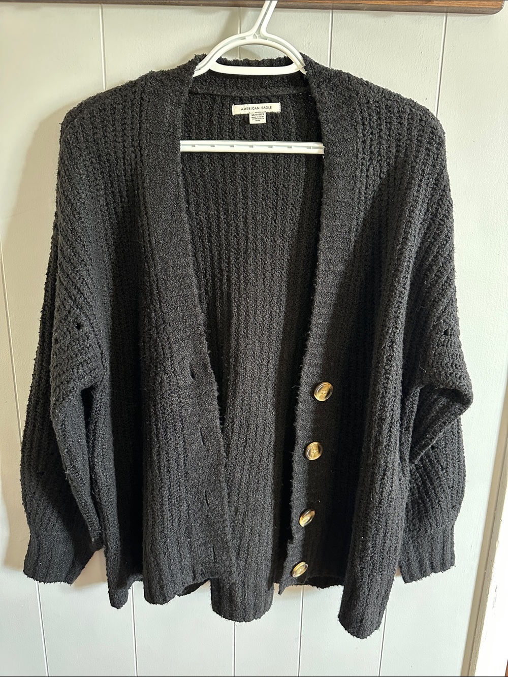 American Eagle Outfitters Black Open-Knit Cardigan with Gold Buttons